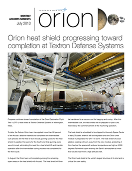 Orion Heat Shield Progressing Toward Completion at Textron Defense Systems