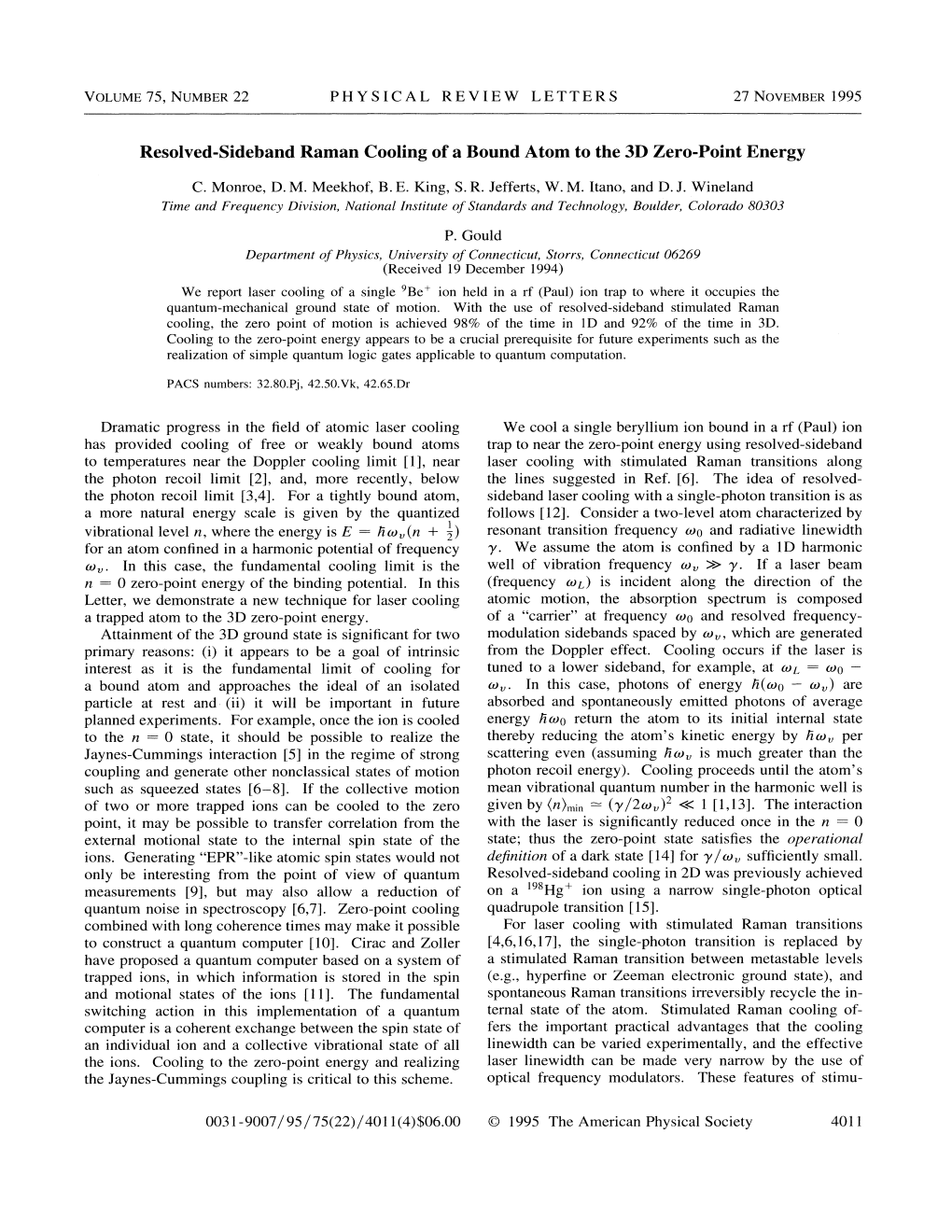 Resolved-Sideband Raman Cooling of a Bound Atom to the 3D Zero-Point Energy