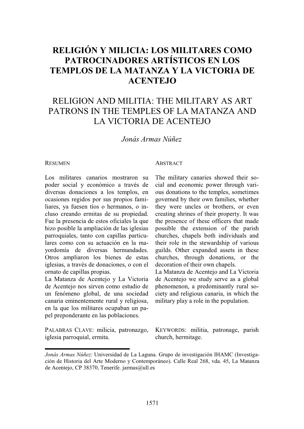 Religión Y Milicia: Los Militares Como Patrocinadores Artísticos En Los Templos De La Matanza Y La Victoria De Acentejo