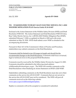 STAKEHOLDERS to BEAR VALLEY ELECTRIC SERVICE, INC.’S 2020 WILDFIRE MITIGATION PLAN Service List(S): R.18-10-007