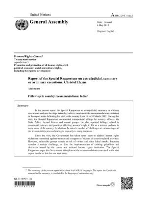 Report of the Special Rapporteur on Extrajudicial, Summary Or Arbitrary Executions, Christof Heyns
