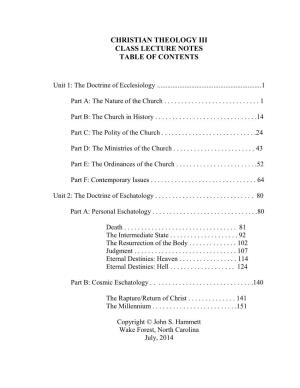 Christian Theology Iii Class Lecture Notes Table of Contents