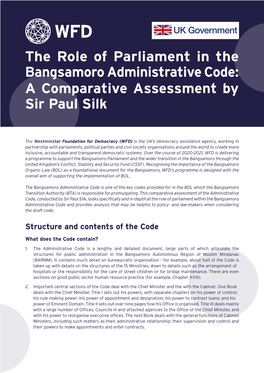 The Role of Parliament in the Bangsamoro Administrative Code: a Comparative Assessment by Sir Paul Silk