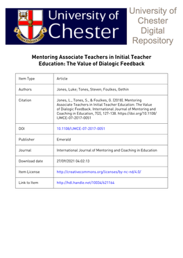 Mentoring Associate Teachers in Initial Teacher Education: the Value of Dialogic Feedback