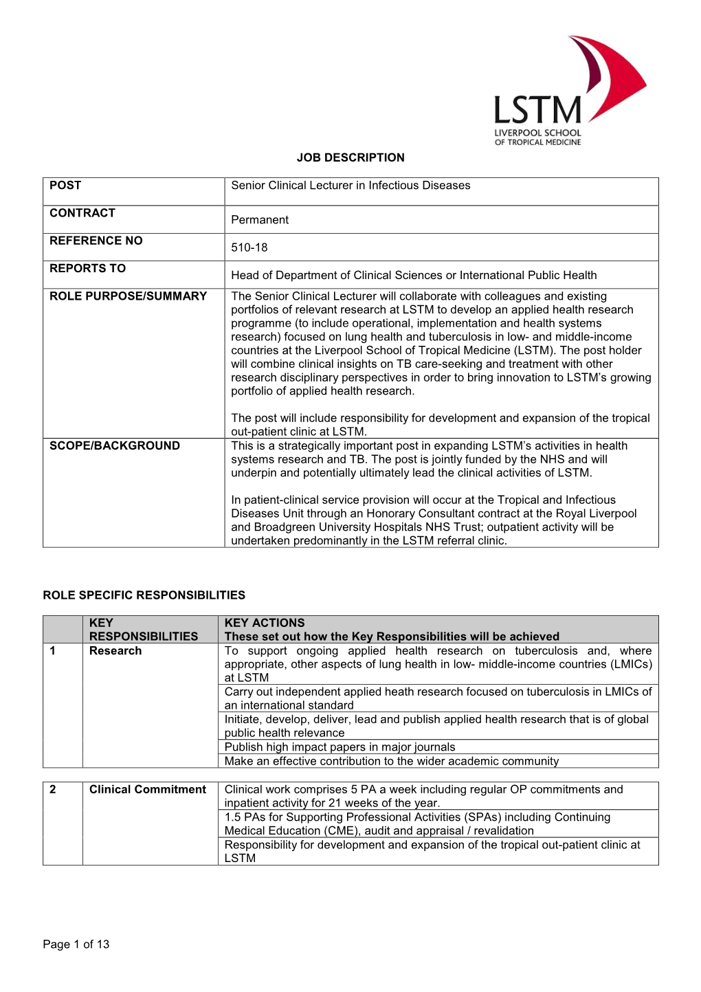 Page 1 of 13 JOB DESCRIPTION POST Senior Clinical Lecturer in Infectious Diseases CONTRACT Permanent REFERENCE NO 510-18 REPORTS