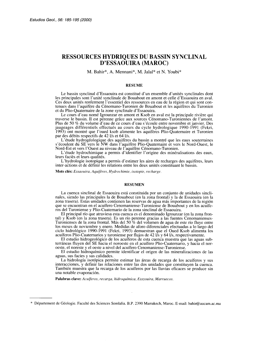 Ressources Hydriques Du Bassin Synclinal D'essaouira (Maroc) M