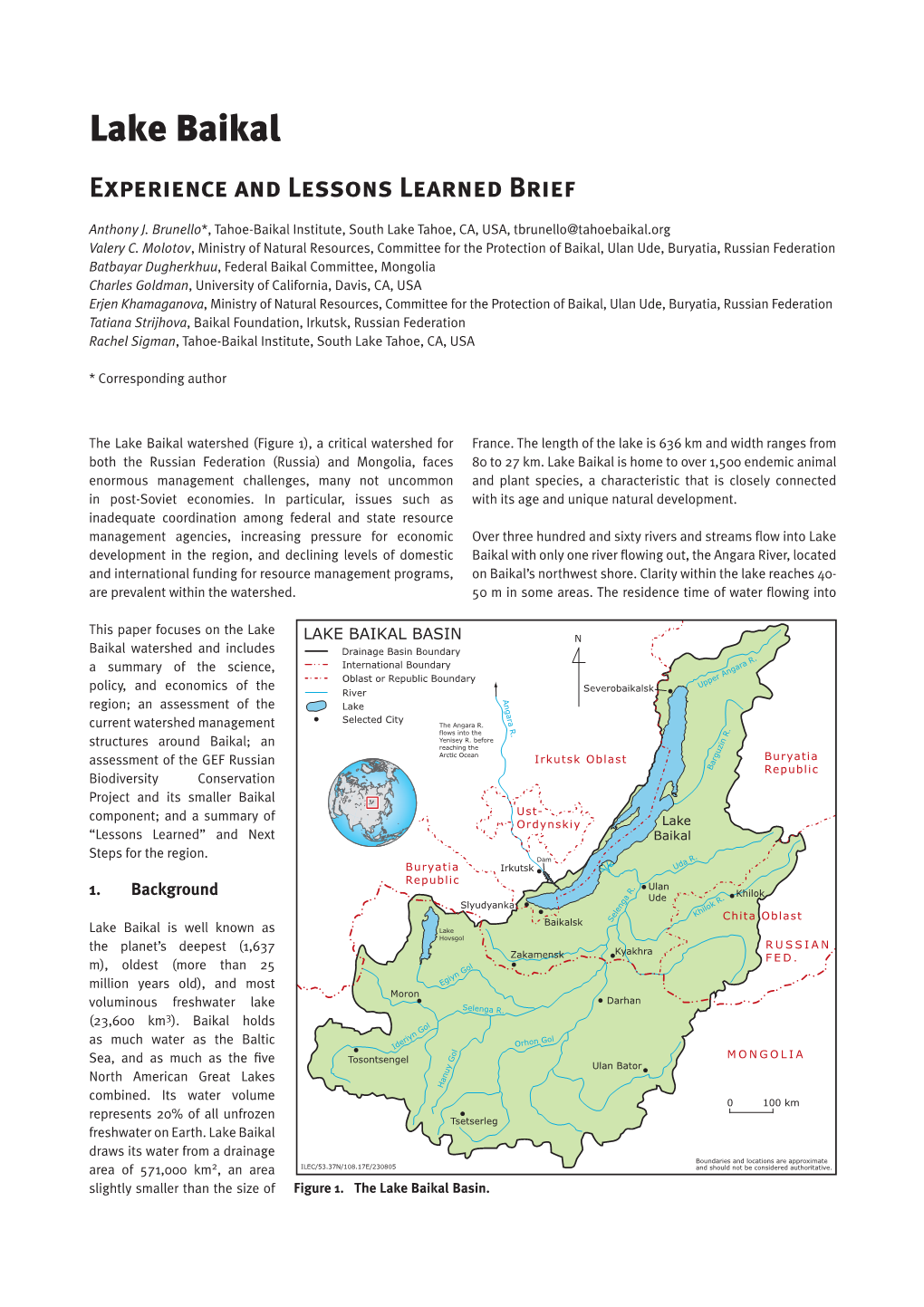 Lake Baikal Experience and Lessons Learned Brief