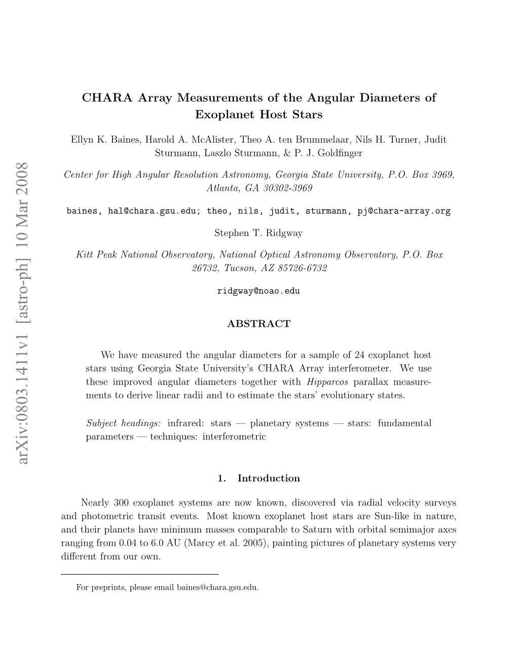 CHARA Array Measurements of the Angular Diameters of Exoplanet