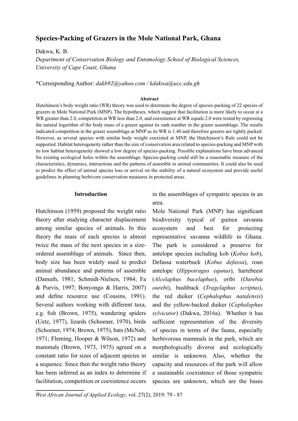 Species-Packing of Grazers in the Mole National Park, Ghana