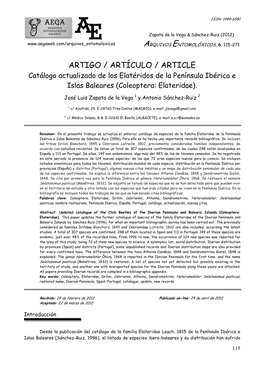 ARTIGO / ARTÍCULO / ARTICLE Catálogo Actualizado De Los Elatéridos De La Península Ibérica E Islas Baleares (Coleoptera: Elateridae)