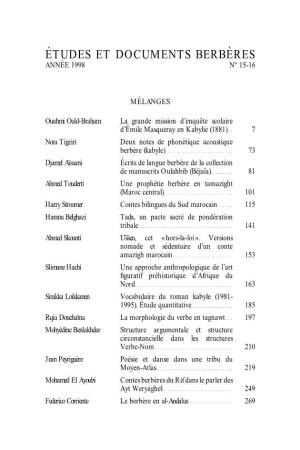E´Tudes Et Documents Berbe`Res, 15-16, 1998 : Pp