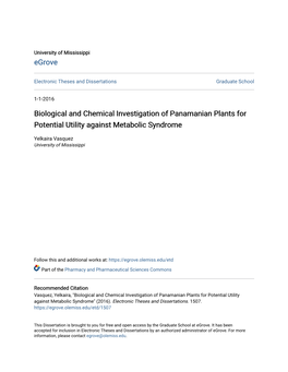 Biological and Chemical Investigation of Panamanian Plants for Potential Utility Against Metabolic Syndrome