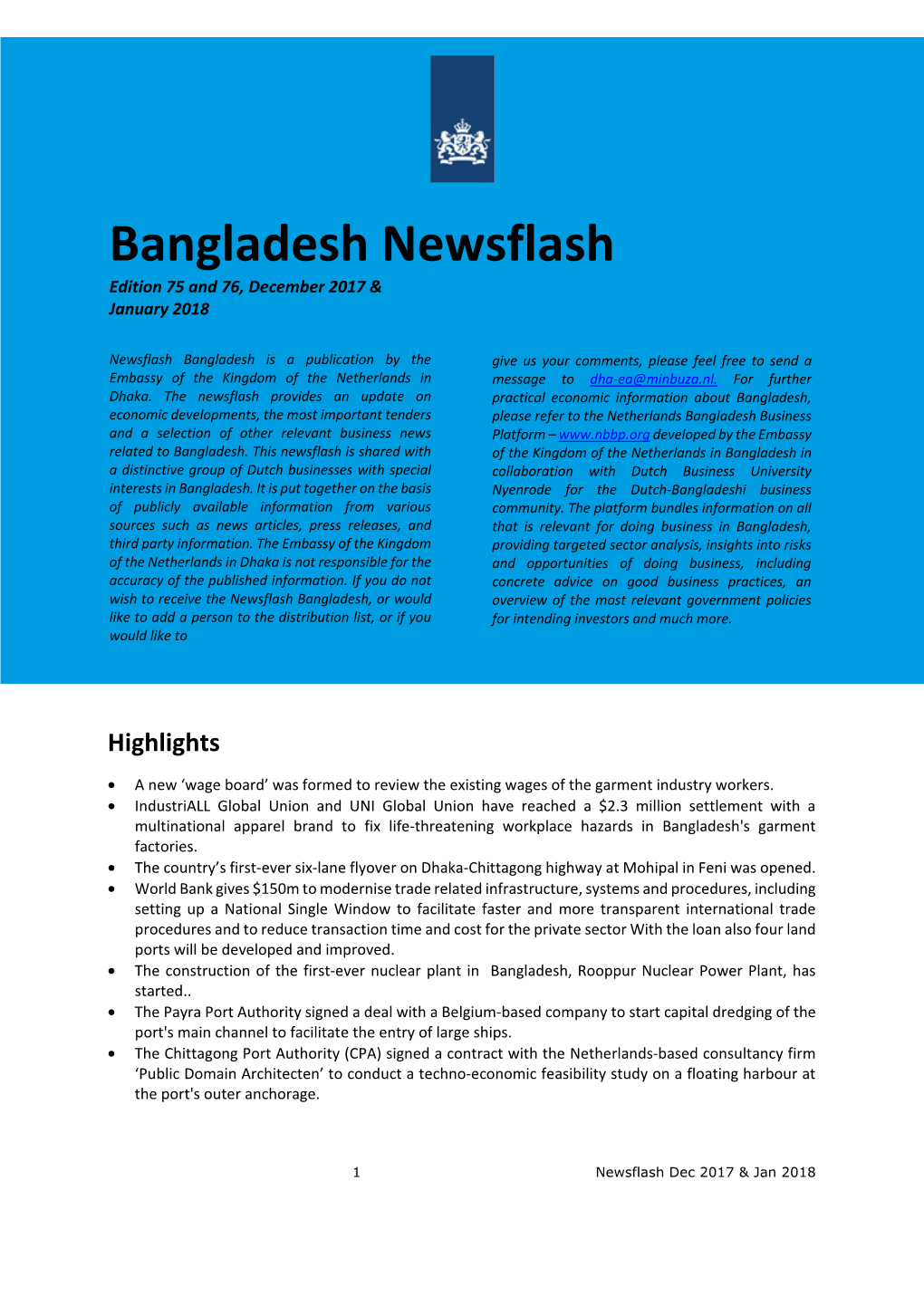 Bangladesh Newsflash Edition 75 and 76, December 2017 & January 2018