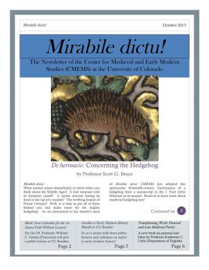 Mirabile Dictu! October 2013 Mirabile Dictu! the Newsletter of the Center for Medieval and Early Modern Studies (CMEMS) at the University of Colorado