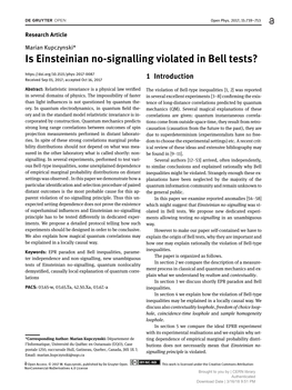 Is Einsteinian No-Signalling Violated in Bell Tests? Received Sep 01, 2017; Accepted Oct 16, 2017 1 Introduction