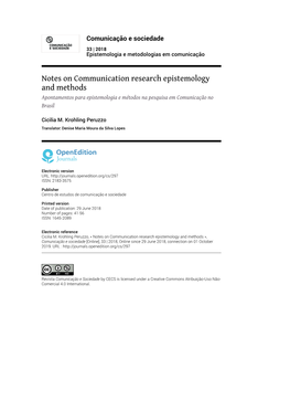 Notes on Communication Research Epistemology and Methods Apontamentos Para Epistemologia E Métodos Na Pesquisa Em Comunicação No Brasil