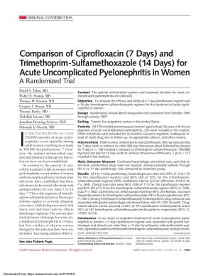 Comparison of Ciprofloxacin (7 Days) and Trimethoprim-Sulfamethoxazole (14 Days) for Acute Uncomplicated Pyelonephritis in Women a Randomized Trial