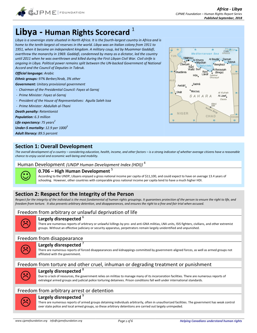 Libya CJPME Foundation – Human Rights Report Series Published September, 2018