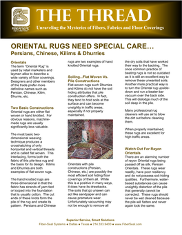 ORIENTAL RUGS NEED SPECIAL CARE… Persians, Chinese, Kilims & Dhurries