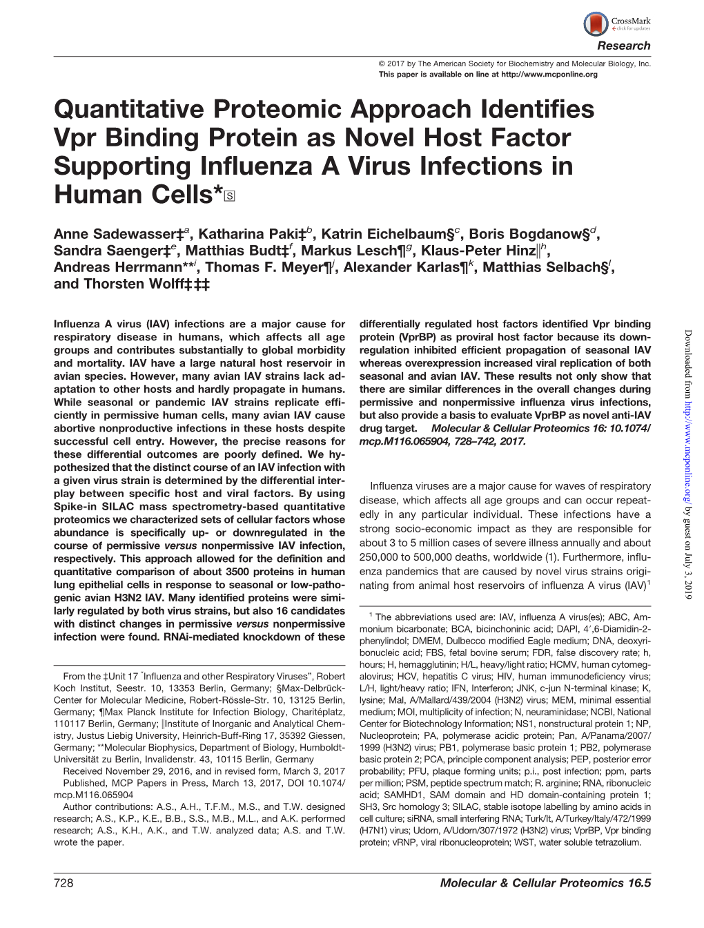Quantitative Proteomic Approach Identifies Vpr Binding Protein As Novel Host Factor Supporting Influenza a Virus Infections in Human Cells*□S