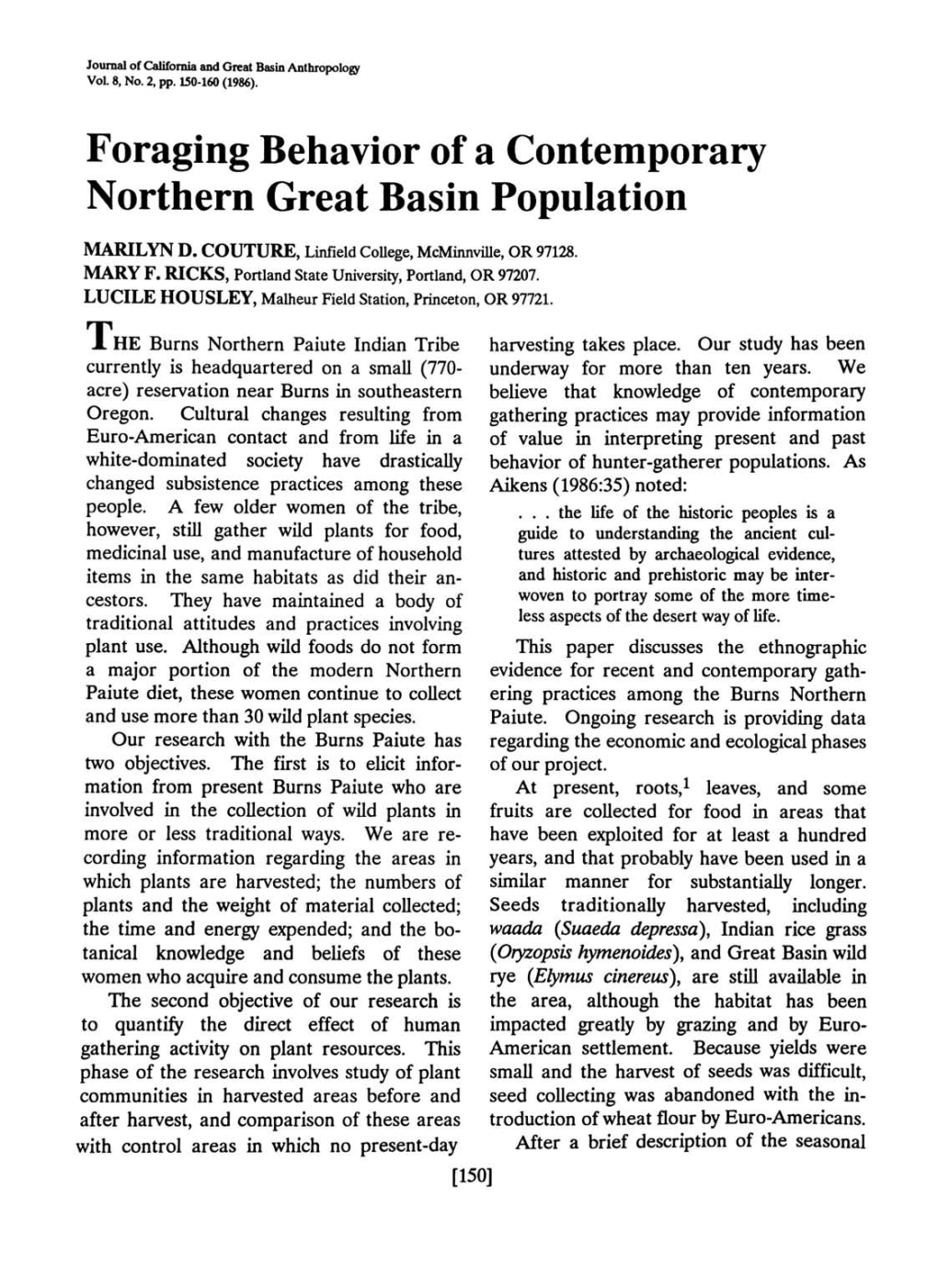 Foraging Behavior of a Contemporary Northern Great Basin Population