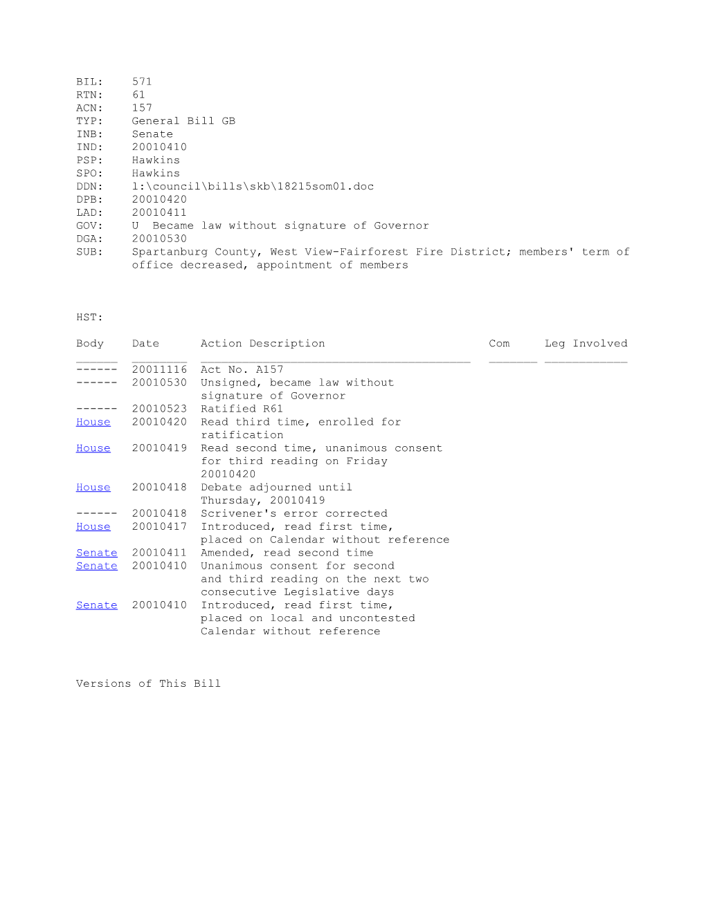 2001-2002 Bill 571: Spartanburg County, West View-Fairforest Fire District; Members' Term