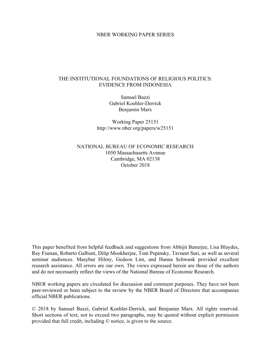 Nber Working Paper Series the Institutional