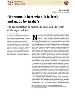 Hummus Is Best When It Is Fresh and Made by Arabs”: the Gourmetization of Hummus in Israel and the Return of the Repressed Arab