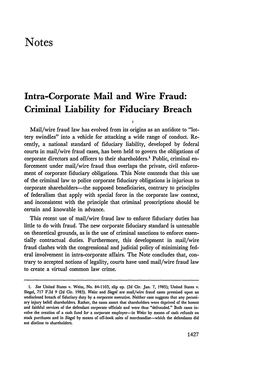 Intra-Corporate Mail and Wire Fraud: Criminal Liability for Fiduciary Breach