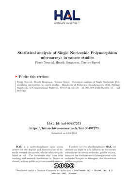 Statistical Analysis of Single Nucleotide Polymorphism Microarrays in Cancer Studies Pierre Neuvial, Henrik Bengtsson, Terence Speed