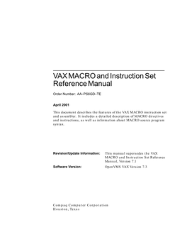 VAX MACRO and Instruction Set Reference Manual