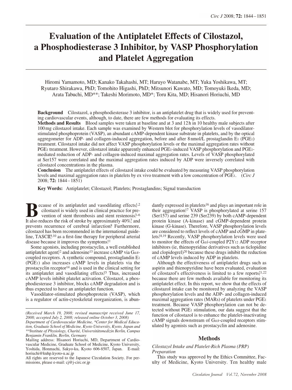 Evaluation of the Antiplatelet Effects of Cilostazol, a Phosphodiesterase 3 Inhibitor, by VASP Phosphorylation and Platelet Aggregation