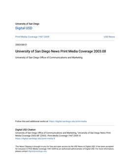 University of San Diego News Print Media Coverage 2003.08