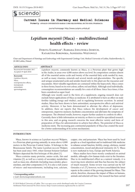 Lepidium Meyenii (Maca) – Multidirectional Health Effects – Review Dorota Kasprzak*, Barbara Jodlowska-Jedrych, Katarzyna Borowska, Agnieszka Wojtowicz