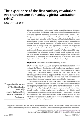 The Experience of the First Sanitary Revolution: Are There Lessons for Today's Global Sanitation Crisis? MAGGIE BLACK