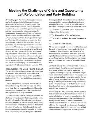 Meeting the Challenge of Crisis and Opportunity Left Refoundation and Party Building