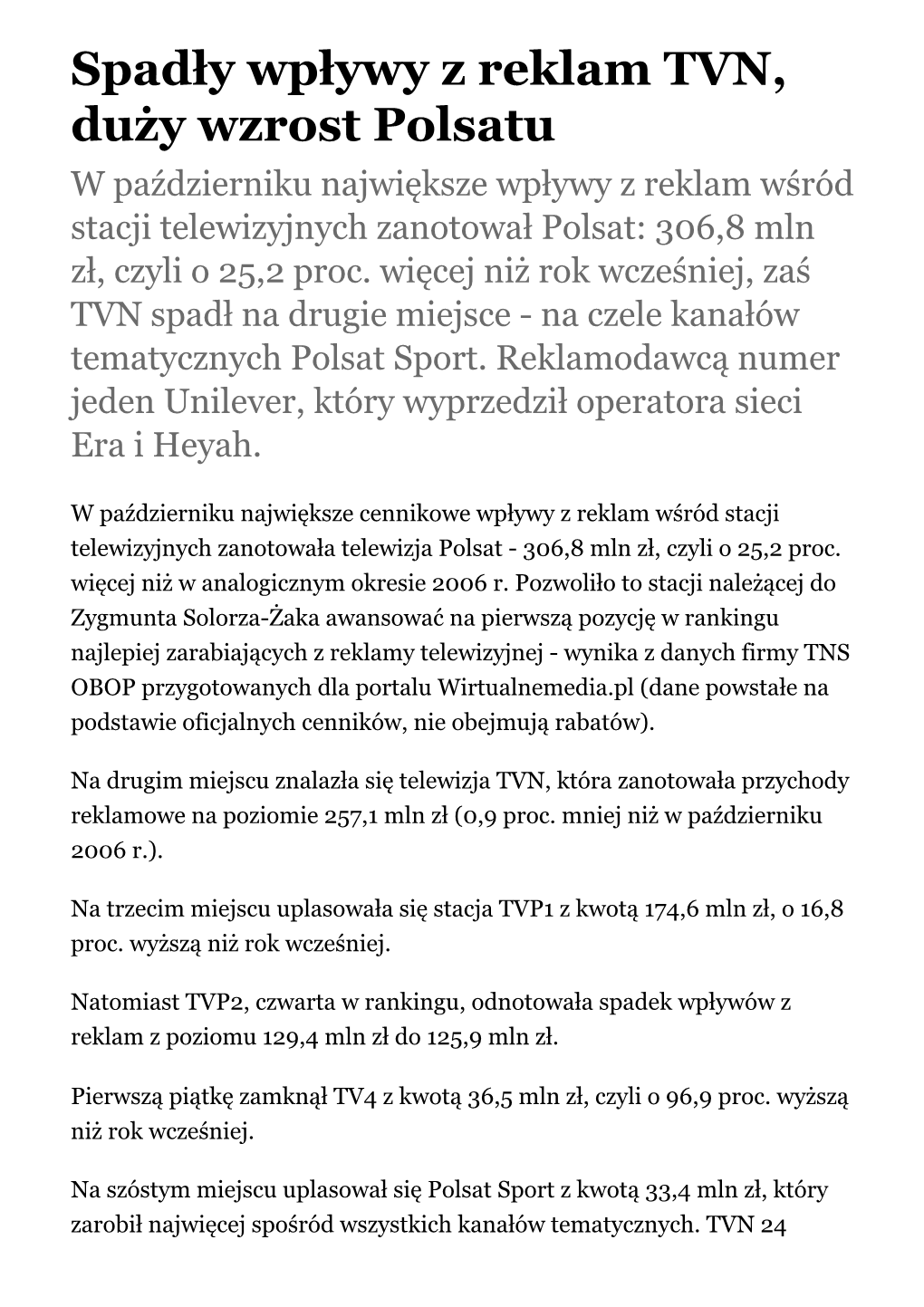 Spadły Wpływy Z Reklam TVN, Duży Wzrost Polsatu W Październiku Największe Wpływy Z Reklam Wśród Stacji Telewizyjnych Zanotował Polsat: 306,8 Mln Zł, Czyli O 25,2 Proc