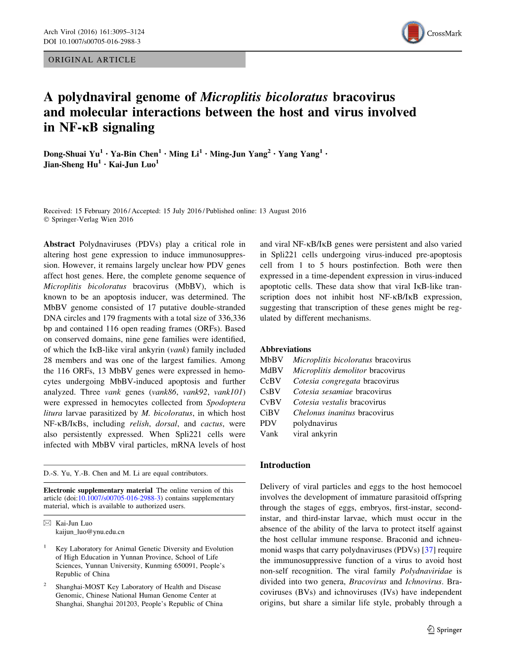 A Polydnaviral Genome of Microplitis Bicoloratus Bracovirus and Molecular Interactions Between the Host and Virus Involved in NF-Jb Signaling