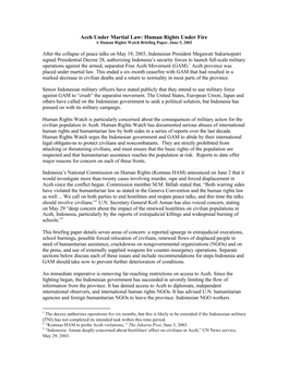 Aceh Under Martial Law: Human Rights Under Fire a Human Rights Watch Briefing Paper, June 5, 2002