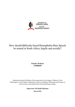 How Should Biblically-Based Homophobic/Hate Speech Be Treated in South Africa, Legally and Socially?