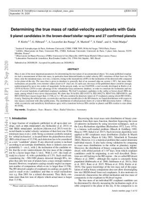 Determining the True Mass of Radial-Velocity Exoplanets with Gaia 9 Planet Candidates in the Brown-Dwarf/Stellar Regime and 27 Conﬁrmed Planets