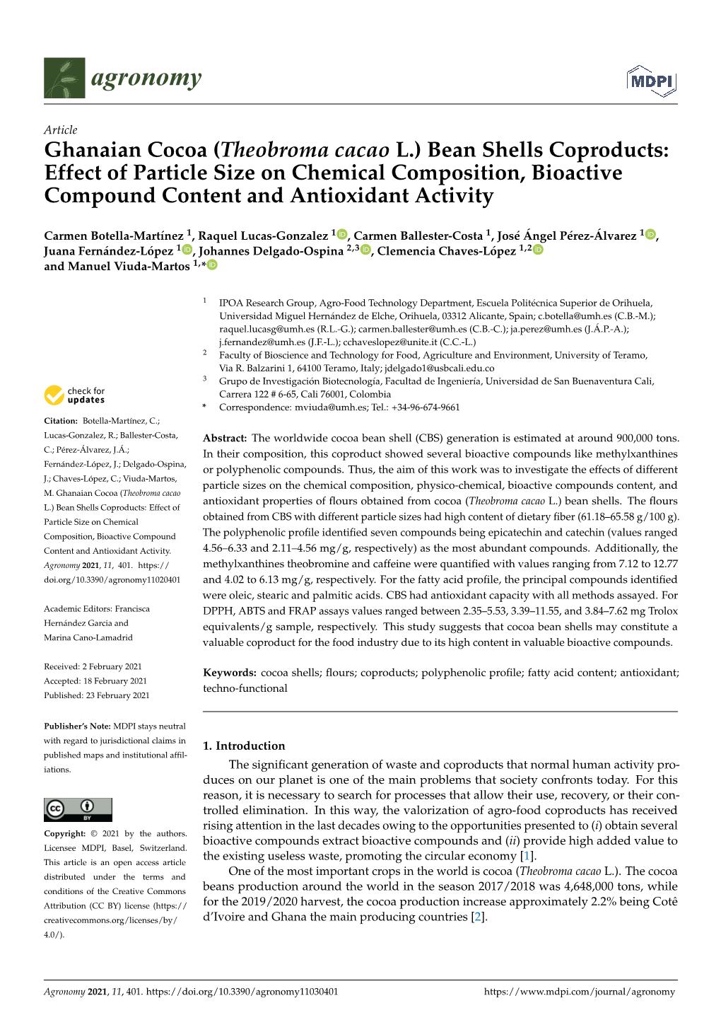 Ghanaian Cocoa (Theobroma Cacao L.) Bean Shells Coproducts: Effect of Particle Size on Chemical Composition, Bioactive Compound Content and Antioxidant Activity