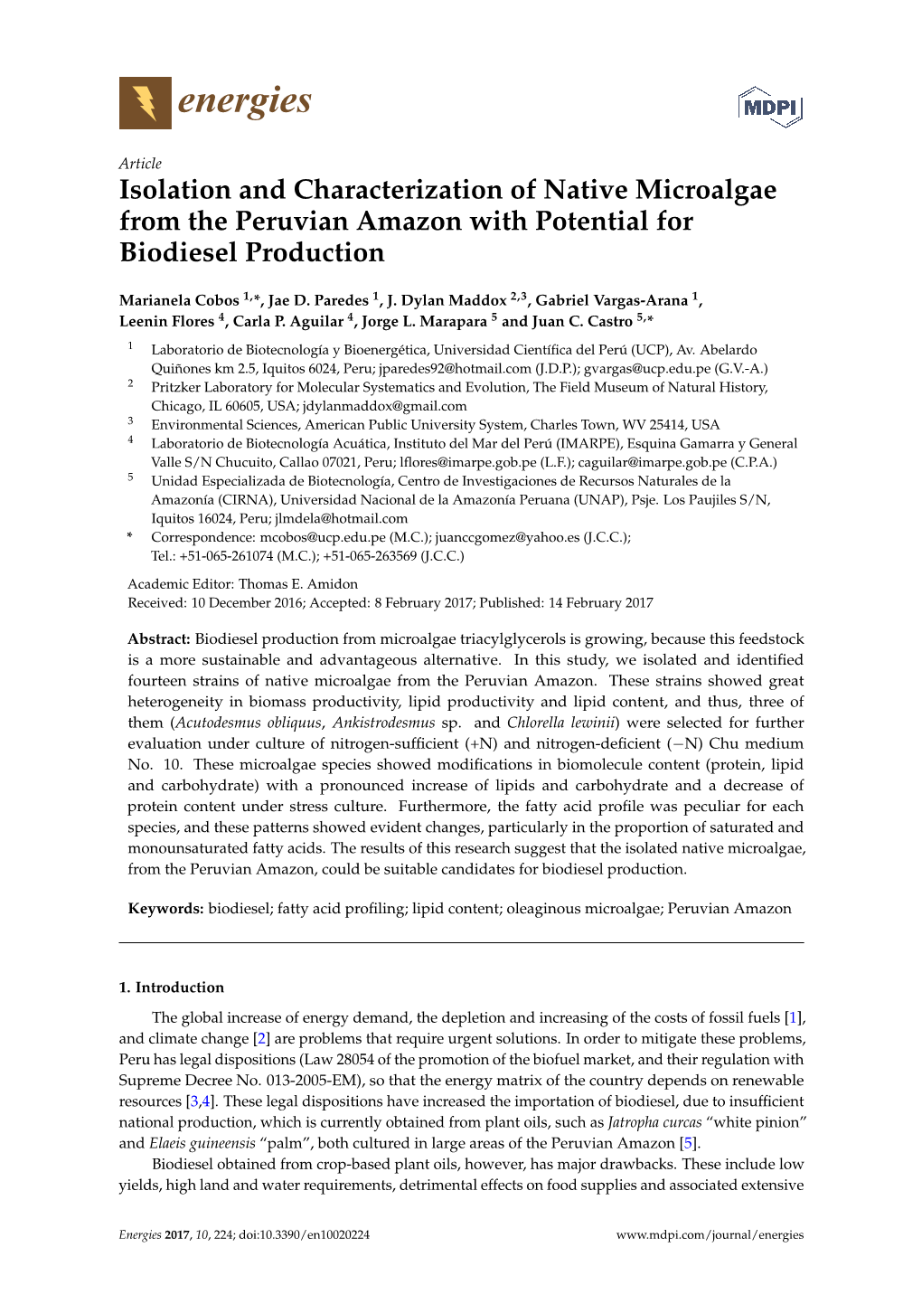 Isolation and Characterization of Native Microalgae from the Peruvian Amazon with Potential for Biodiesel Production