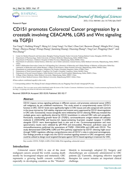 CD151 Promotes Colorectal Cancer Progression by a Crosstalk Involving CEACAM6, LGR5 and Wnt Signaling Via Tgfβ1