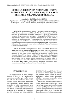 Sobre La Presencia Actual De Atropa Baetica Willk. (Solanaceae) En La Alta Alcarria (Utande, Guadalajara)