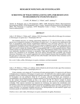 Research Note/Nota De Investigación Screening of Wild Coffee (Coffea Spp.) for Resistance to Meloidogyne Incognita Race 1