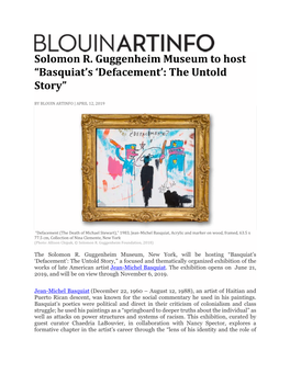 Solomon R. Guggenheim Museum to Host “Basquiat’S ‘Defacement’: the Untold Story”