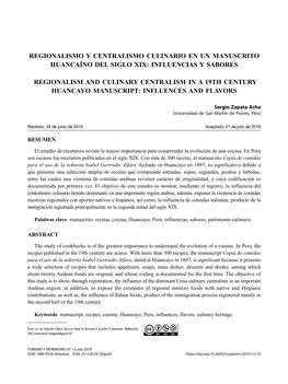 Regionalismo Y Centralismo Culinario En Un Manuscrito Huancaíno Del Siglo Xix: Influencias Y Sabores 143