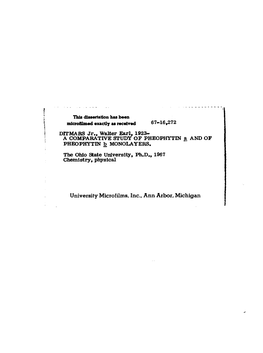 University Microfilms, Inc., Ann Arbor. Michigan a COMPARATIVE STUDY of PHEOPHYTIN a and of PHEOPHYTIN B MONOLAYERS