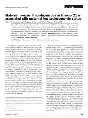 Maternal Meiosis II Nondisjunction in Trisomy 21 Is Associated with Maternal Low Socioeconomic Status Roberta E